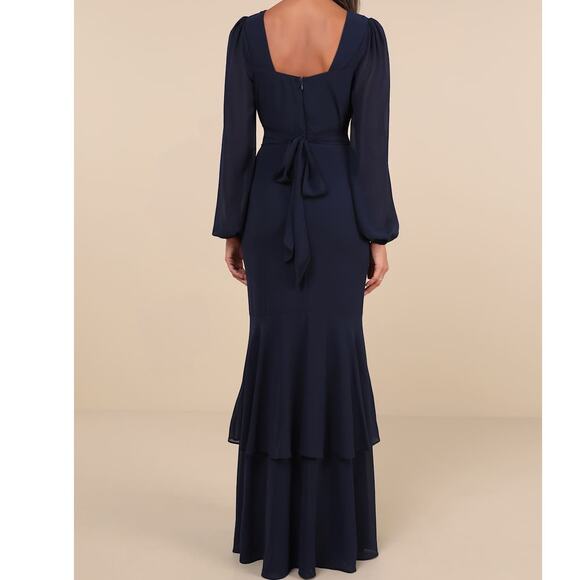 Lulus NWT Tier Elegance Navy Sheer Long Sleeve Tiered Woven Tie Maxi Dress 2X - Picture 5 of 10